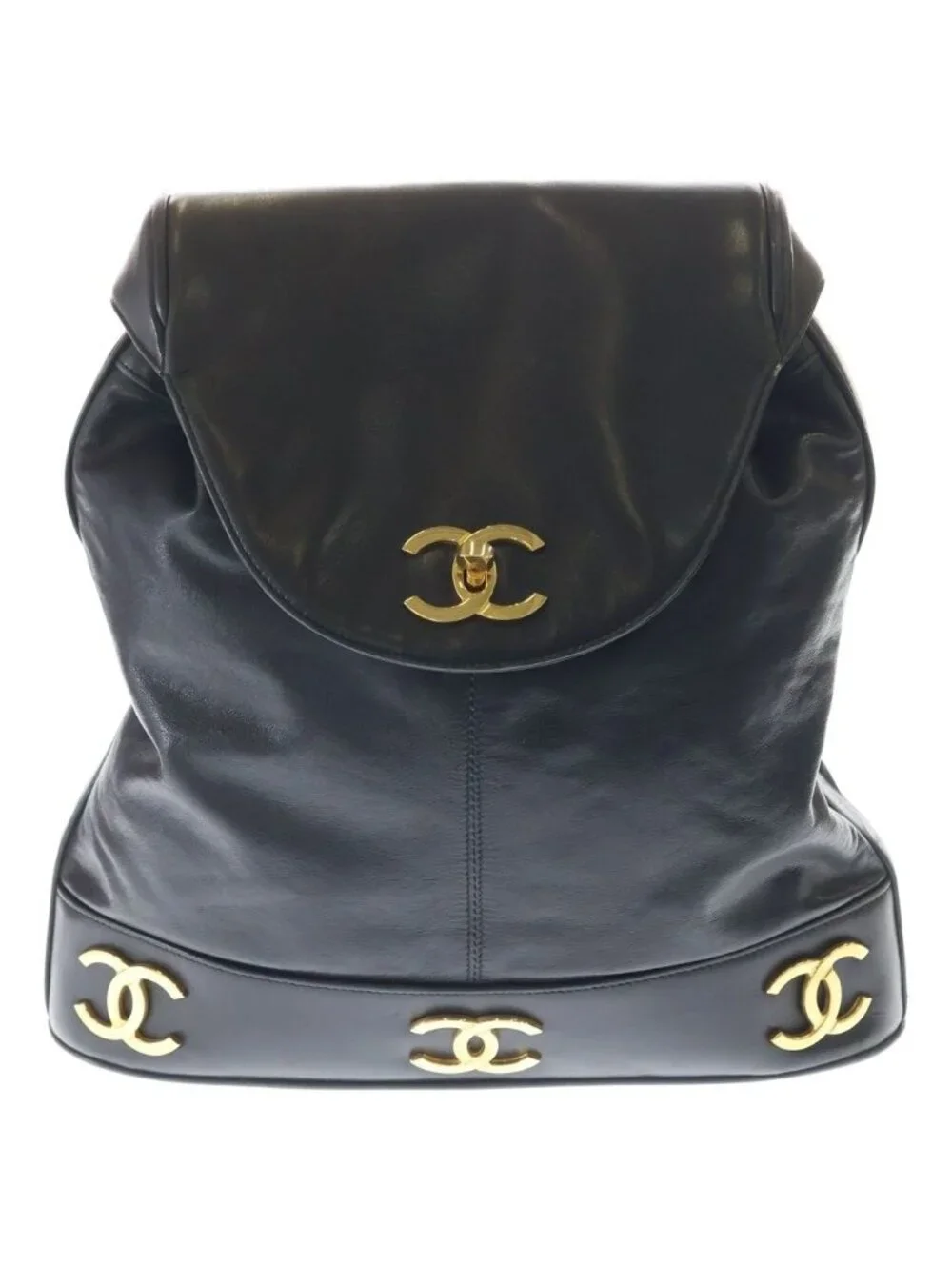 Chanel Vintage Triple CC Logo GD Backpack Black Gold